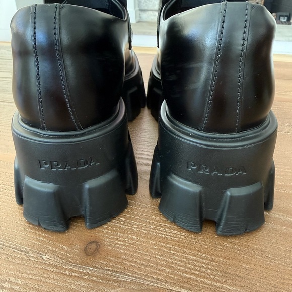 Prada Black Leather Lug-Sole Monolith Loafers with Logo Plaque - Picture 6 of 8
